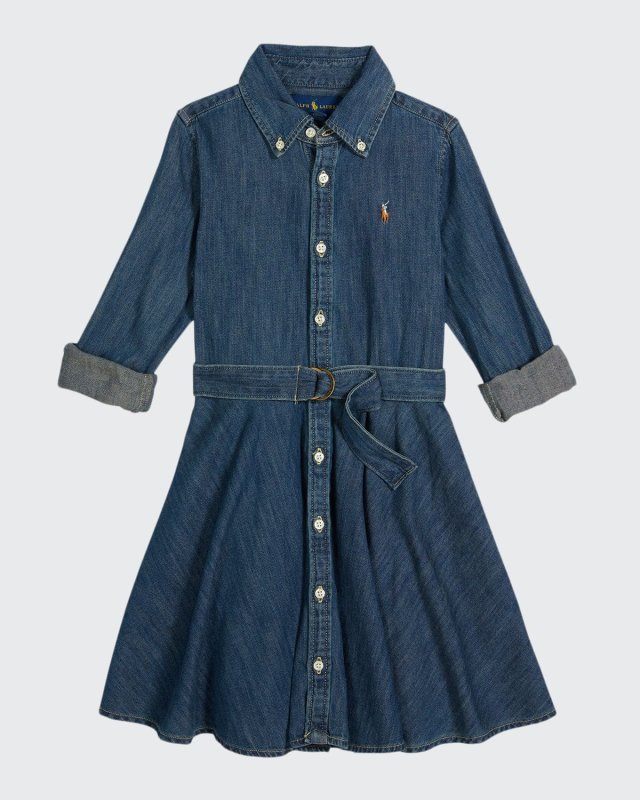 Girl's Belted Fit-and-Flare Denim Shirtdress, Size 2-6X